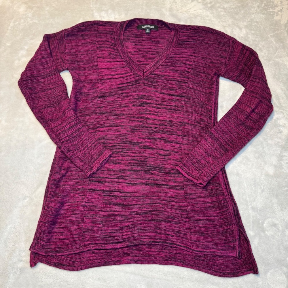 Ellen Tracy Women's V-Neck Tunic Sweater Purple Black Blend Size Small Hi-Lo EUC